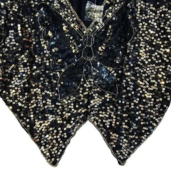 Vintage Women’s Sz S NWT Black Gold Sequin Butterfly Top 70s Deadstock Silk Boho